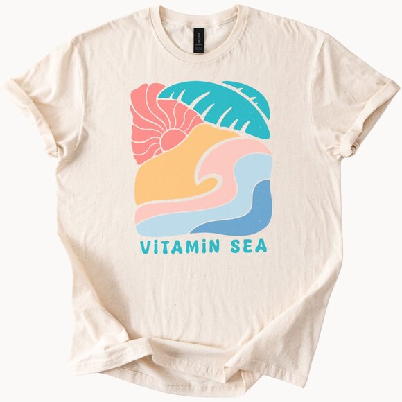 Vitamin Sea Graphic Tee Beach Wave Palm Tree Sun Summer Coastal Shirt - Picture 1 of 6